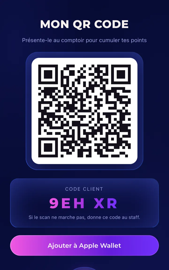 L'écran « Mon QR code » de l'application Trusya, que le client présente à l'encaissement du salon pour cumuler ses jetons