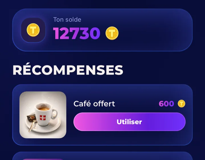 Le catalogue de récompenses dans l'application Trusya : le solde de jetons du client et une récompense « Café offert » à débloquer